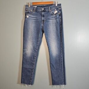 GAP Girlfriend Mid Rise Jeans Medium Wash Raw Hem Women's Size 29 Long